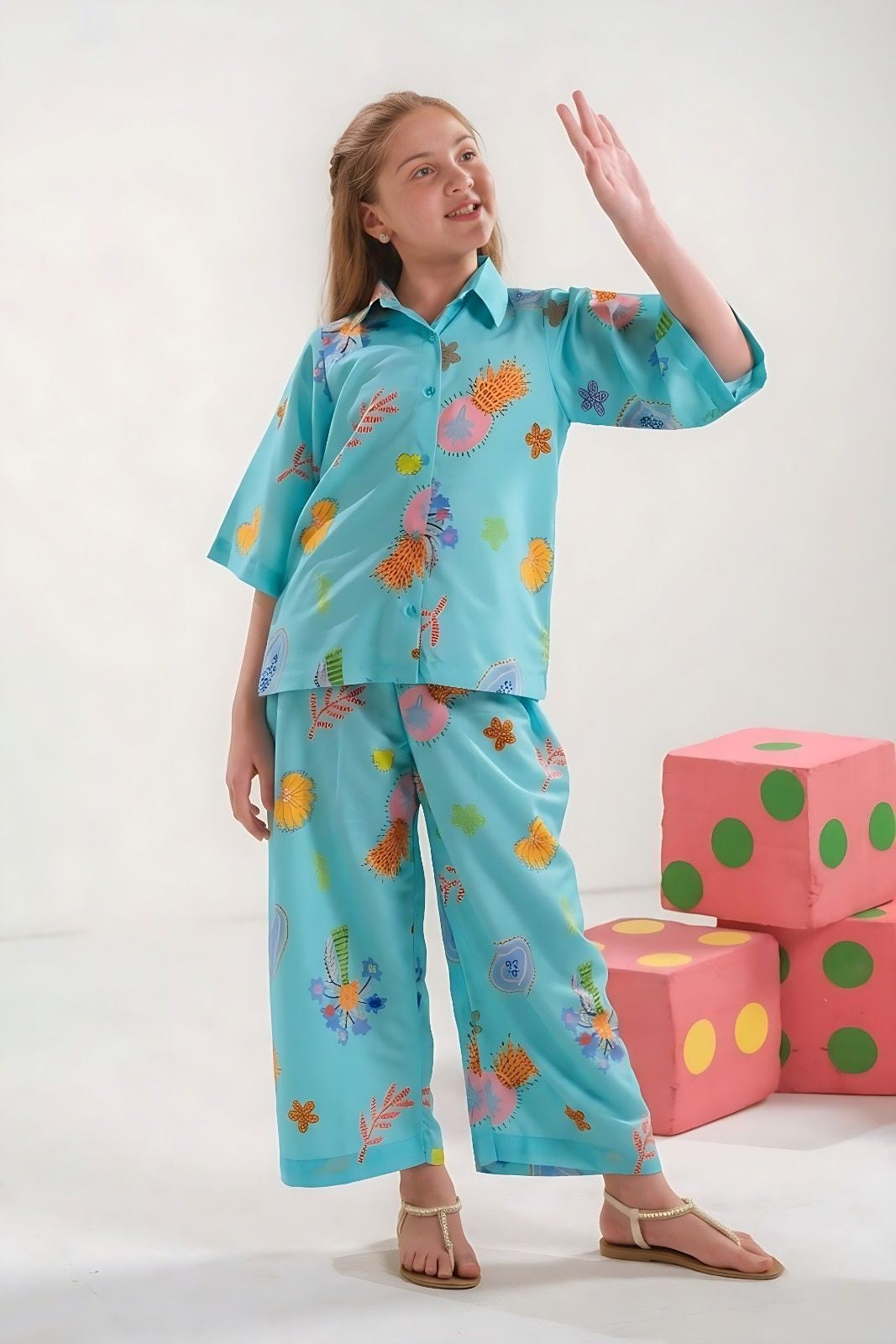 Aqua Blue Floral Print Shirt & Trouser Co- Ord Set