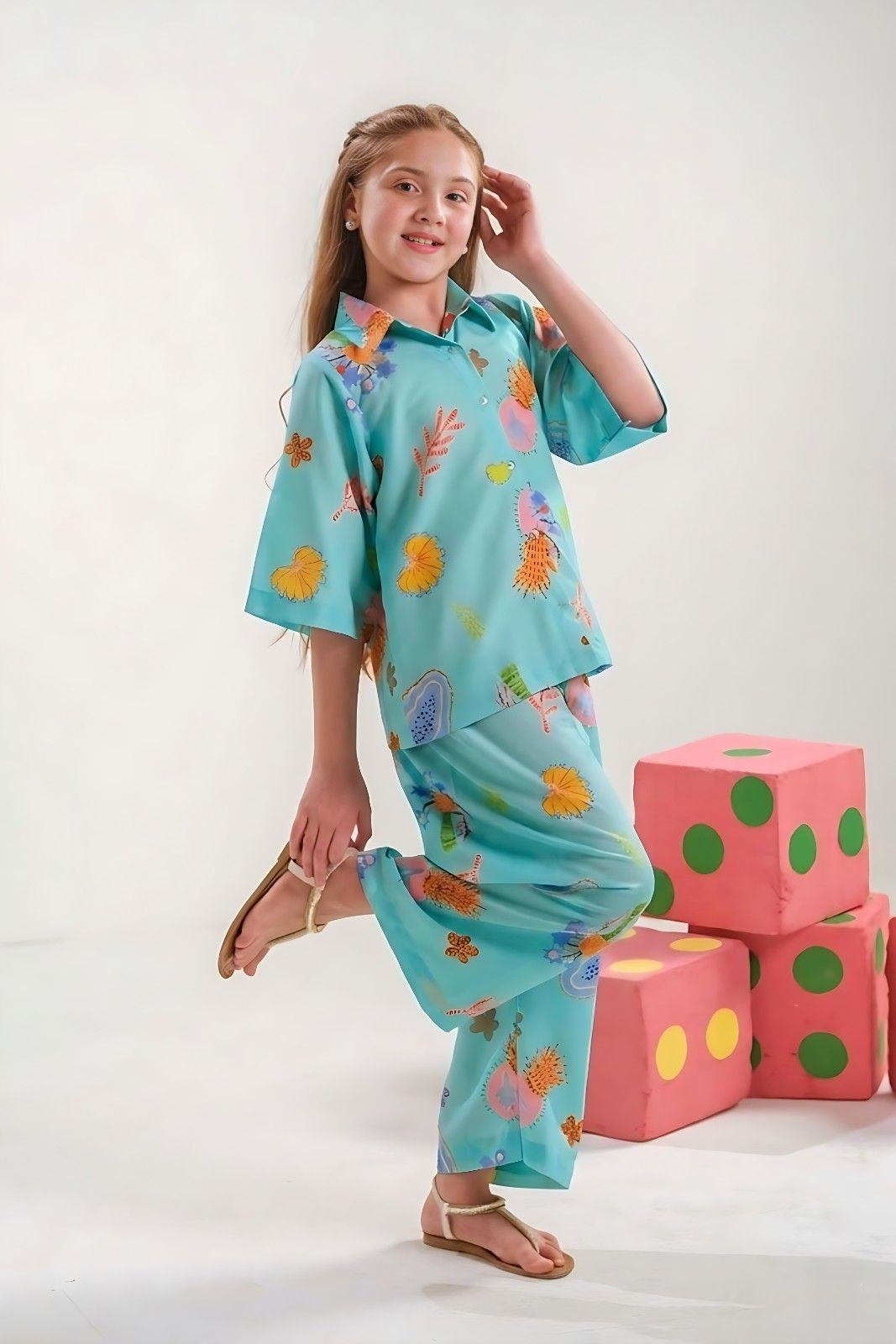 Aqua Blue Floral Print Shirt & Trouser Co- Ord Set