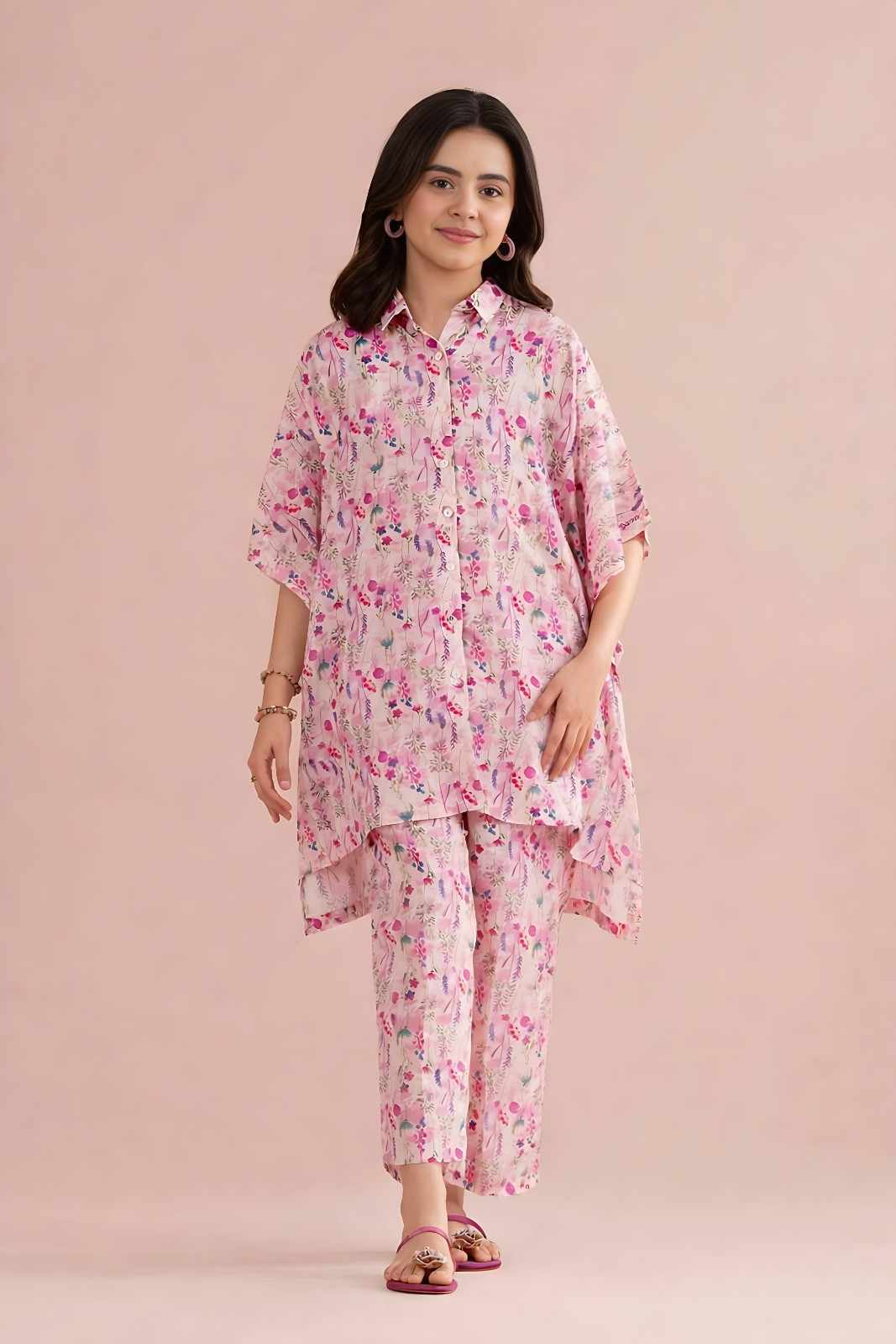 Pink Petal Open Shirt Button Style Co-Ord Set